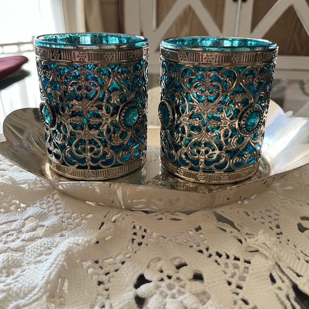 Intricate Silver and Teal Candle Holders